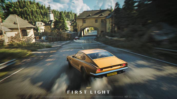 An Aston Martin speeds through a remote village in a car chase as part of 007: First Light.