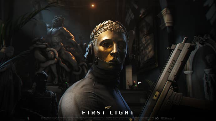 A mysterious gold-masked character, presumably the villain of 007: First Light, clutches a pistol.