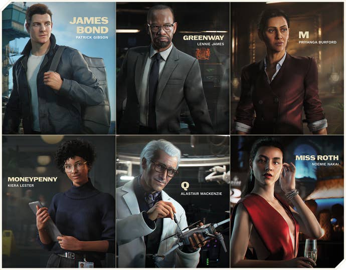 An image showing the main six cast members of 007: First Light - Bond, Moneypenny, Greenway, M, Q, and Miss Roth.