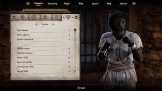 A character-creation screen showing Bertie's Oblivion character. They are a black-furred khajit, almost panther-like in their appearance, but of course here they're wearing a light grey prisoner garb and manacles, and they're standing as if readying for a fist fight. They have light grey spotted markings on their fur.