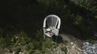 A collectible cowbell on a plastic chair in Lushfoil Photography Sim.
