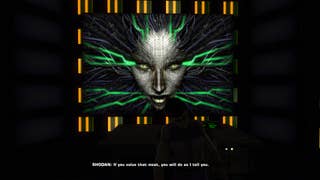 4. A screenshot of System Shock 2: 25th anniversary remaster, showing SHODAN emblazoned on a display monitor behind the corpse of Dr Janice Polito.