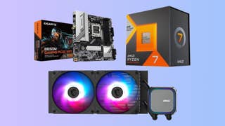 AMD Ryzen 7 7800X3D processor, Gigabyte B650M Gaming Plus Wifi motherboard and MSI 240mm AIO on a gradient background