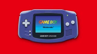 A Game Boy Advance on a red background