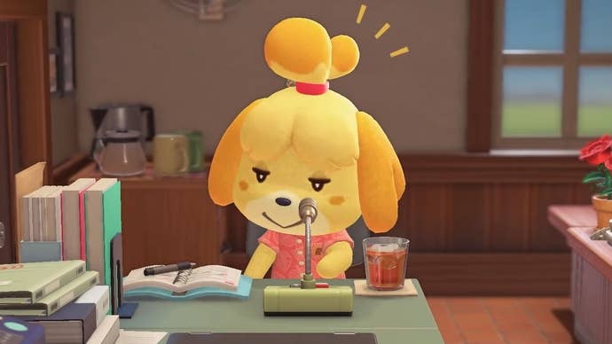 Close up of Isabelle the yellow dog in Animal Crossing: New Horizons