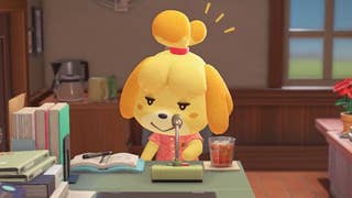 Close up of Isabelle the yellow dog in Animal Crossing: New Horizons