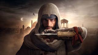 Basim holding a hidden blade with ancient Baghdad in the background in Assassin's Creed Mirage.