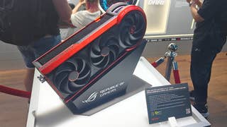 asus rog matrix rtx 5090 30th anniversary special edition from the front on a plinth