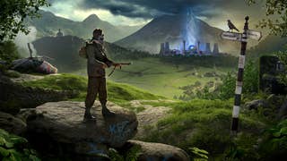 The Key Art for Atomfall. A masked man is standing on a rock looking a the burning remains of a distant power station.