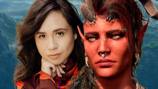 A headshot of Sam Beart next to the red, horned Tiefling Karlach in Baldur's Gate 3.