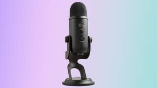 Blue Yeti microphone on a gradient background