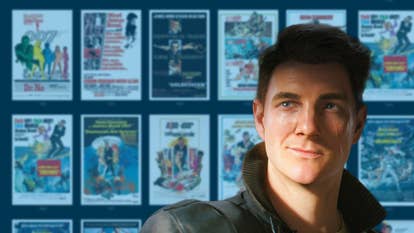 James Bond as he appears in First Light, over a grid of movie posters from the series