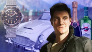 James Bond as he appears in 007 First Light (young) with a bottle of Bollinger champagne, a bottle of Dry Martini, his trademark Aston Martin car, and an Omega Seamaster