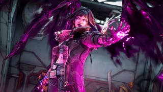 A feminine character from Borderlands 4 - Vex - who stands arm outstretched with a purple magical glow emanating from her hand. Vex wears a long, chunky coat above a crop top and military trousers. Vex has a black bob and fringe and dark make-up.