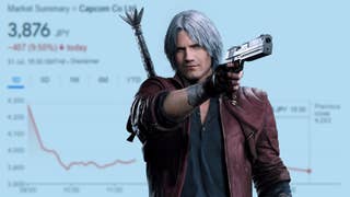 Capcom share price graph, with a big image of Dante over the top.
