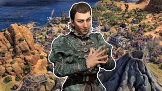 Civilization 7's version of Machiavelli scheming in front of an in-game map.