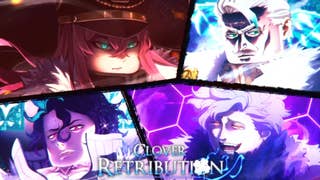 Artwork for the Roblox game Clover Retribution, showing four anime-inspired characters surrounded by powerful glows and pulling striking poses.
