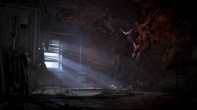 Official Cronos: The New Dawn screenshot showing light coming into a gross room through slatted, half-destroyed blinds
