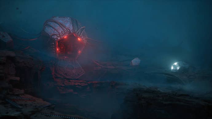 Official Cronos: The New Dawn screenshot showing a pod with a glowing red entrance in blue swampy haze