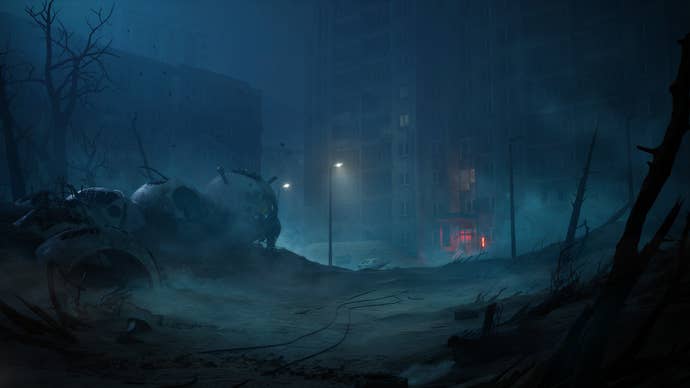 Official Cronos: The New Dawn screenshot showing a blue, hazy swamp-like area at night