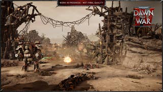 Dawn of War 4 official screenshot showing a Adeptus Mechanicus Knight in ruined environs