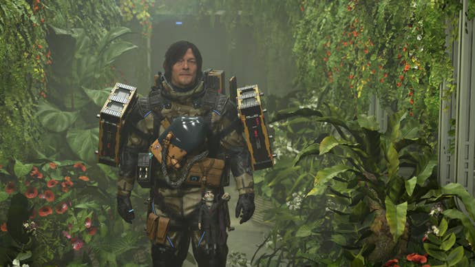 Sam navigates shrubbery in Death Stranding 2.