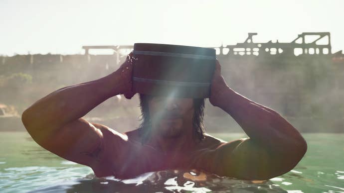 Sam emerges from water carrying a package on his head in Death Stranding 2.