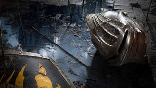 A silver knights helmet lies on the rain-soaked floor of presumably castle tiling - the roof must be leaking - and what looks like a shield lies nearby too.