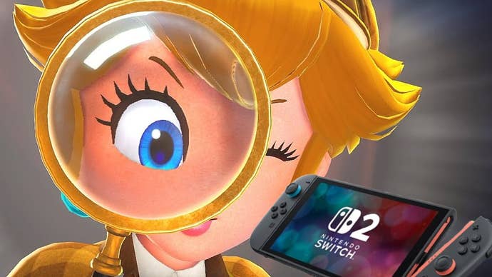 detective peach looking through a magnifying glass in Princess Peach Showtime with a Switch 2 console in the corner