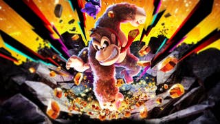 Donkey Kong pounds the ground as chunks of gold fly away from the angry gorilla.