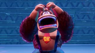 Donkey Kong pulls a face in this Donkey Kong Bananza screenshot.
