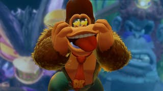 Image of DK pulling a bananas face in front of a background of villains