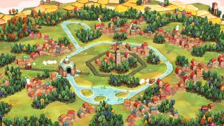 Dorfromantik screenshot showing a bird's-eye view of sprawling fields and towns, with a river winding around a church steeple in the centre.