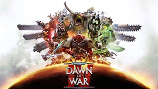 Dawn of War 4 key art showing a collage of the four factions of Space Marines, Orks, Necrons and Adeptus Mechanicus above the logo Dawn of War 4
