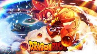 Artwork for the Roblox game Dragon Blox, showing a Roblox character inspired by Dragon Ball Z.