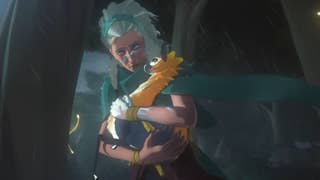 Everwild screenshot showing woman with long grey hair holding a cute creature in a storm
