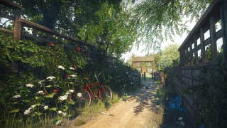 A small country lane in summertime, overgrown and leading to a dinky country cottage. A red bike leans against the hedgerow.
