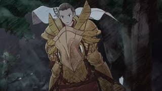 Final Fantasy Tactics: The Ivalice Chronicles opening movie screenshot showing man riding a yellow chocobo in armour, in hand-drawn style