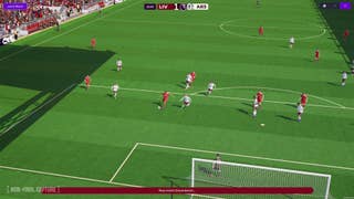 Football Manager 26 official screenshot showing a match highlight from above and behind the goal, as Liverpool burst into Arsenal's box.