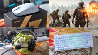a selection of gaming gear next to a battlefield 6 key art image