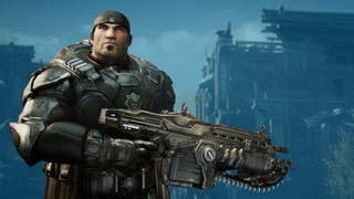 Gears Reloaded key art with Marcus Fenix (holding a lancer chainsaw gun) with a blue background.