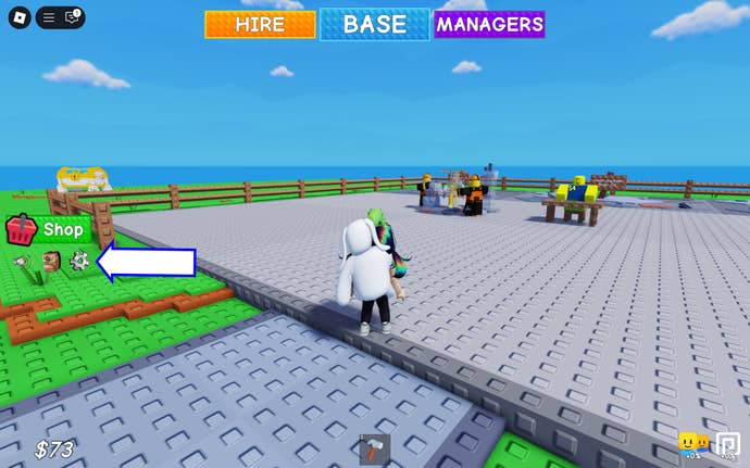 A screenshot of Grow a Business in Roblox showing the game's settings button.