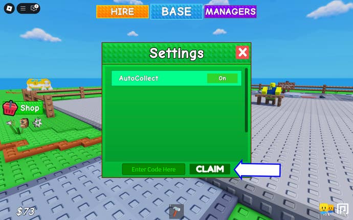 A screenshot of Grow a Business in Roblox showing the game's codes field.
