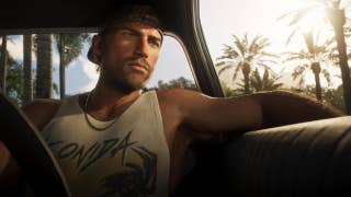 GTA 6 protagonist Jason Duval sitting casually in his car with one arm hanging out the window, palm trees silhouetted in the background against the blinding sun.