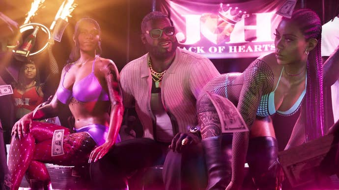 GTA6 screenshot showing a male character surrounded by females in their underwear
