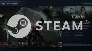 Steam logo over an Escape from Tarkov Steam page