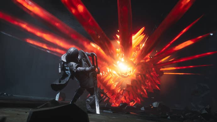 Hell is Us screenshot showing cloaked character battling an abstract red glowing enemy