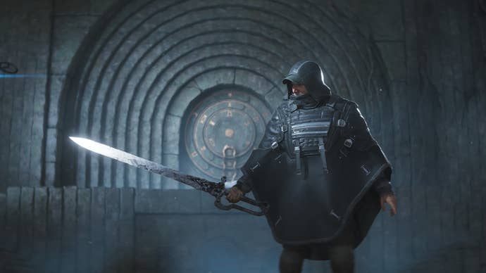 Hell is Us screenshot showing cloaked protagonist holding a white glowing sword