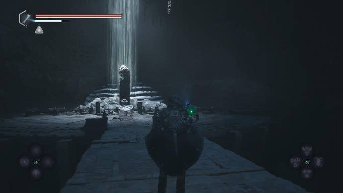 Hell is Us screenshot showing protagonist inside a dark dungeon with strange monolith