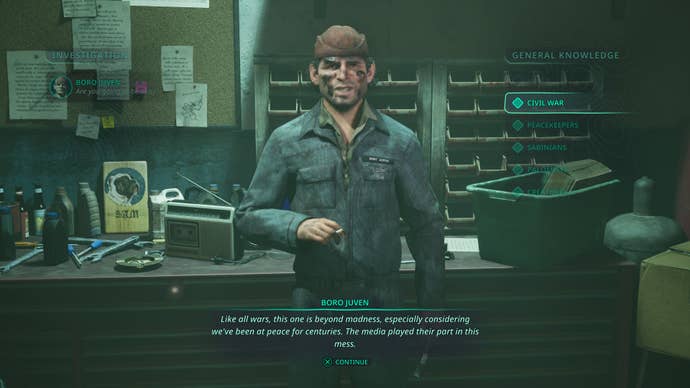 Hell is Us screenshot showing conversation with man in beanie hat discussing the role of media in war